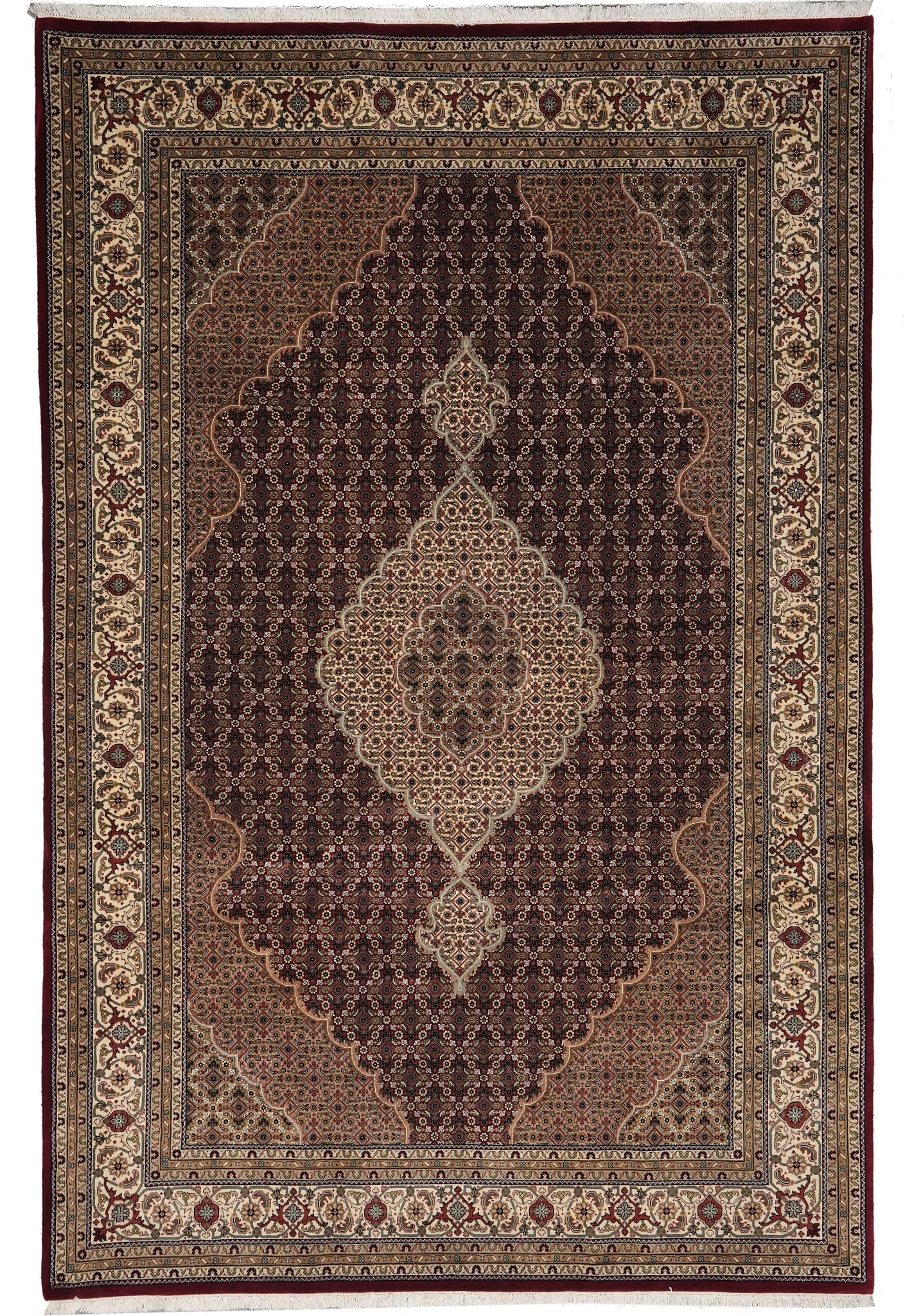 6.7 x 9.10 Handmade Tabriz Mahi Rug Wool Silk Blend Ruby Persian: 6.7 x 9.10 Handmade Tabriz Mahi Rug Wool Silk Blend Ruby Persian Free continental US Shipping This elegant handmade Tabriz Mahi rug is crafted from a premium blend of wool and silk, featuring a classi
