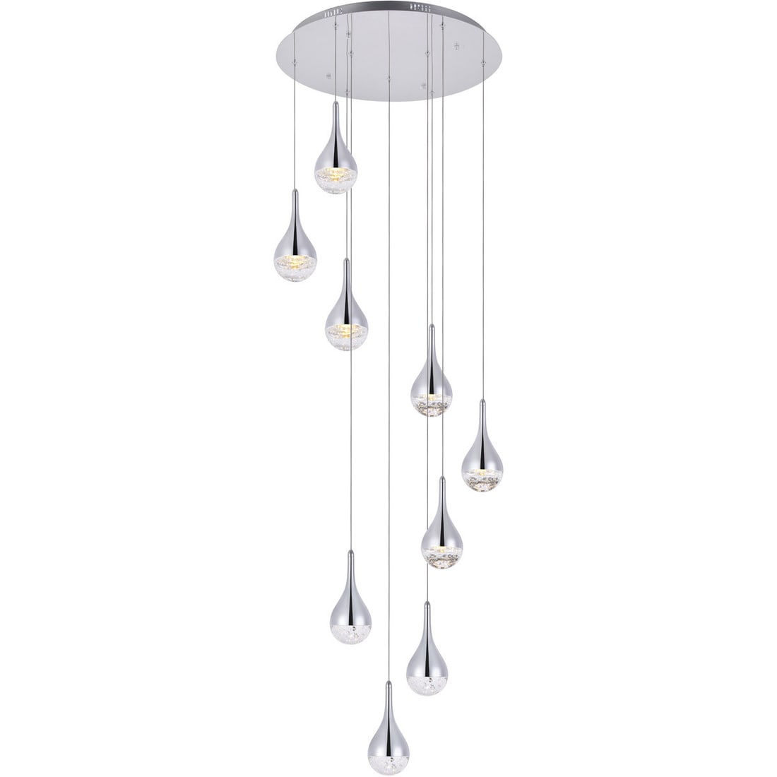 Amherst 9-Light Chrome Crystal Pendant Fixture 24 in: Amherst 9-Light Chrome Crystal Pendant Fixture 24 in This modern pendant chandelier features a high-quality chrome finish with clear seeded crystal and glass elements, creating a contemporary centerpi