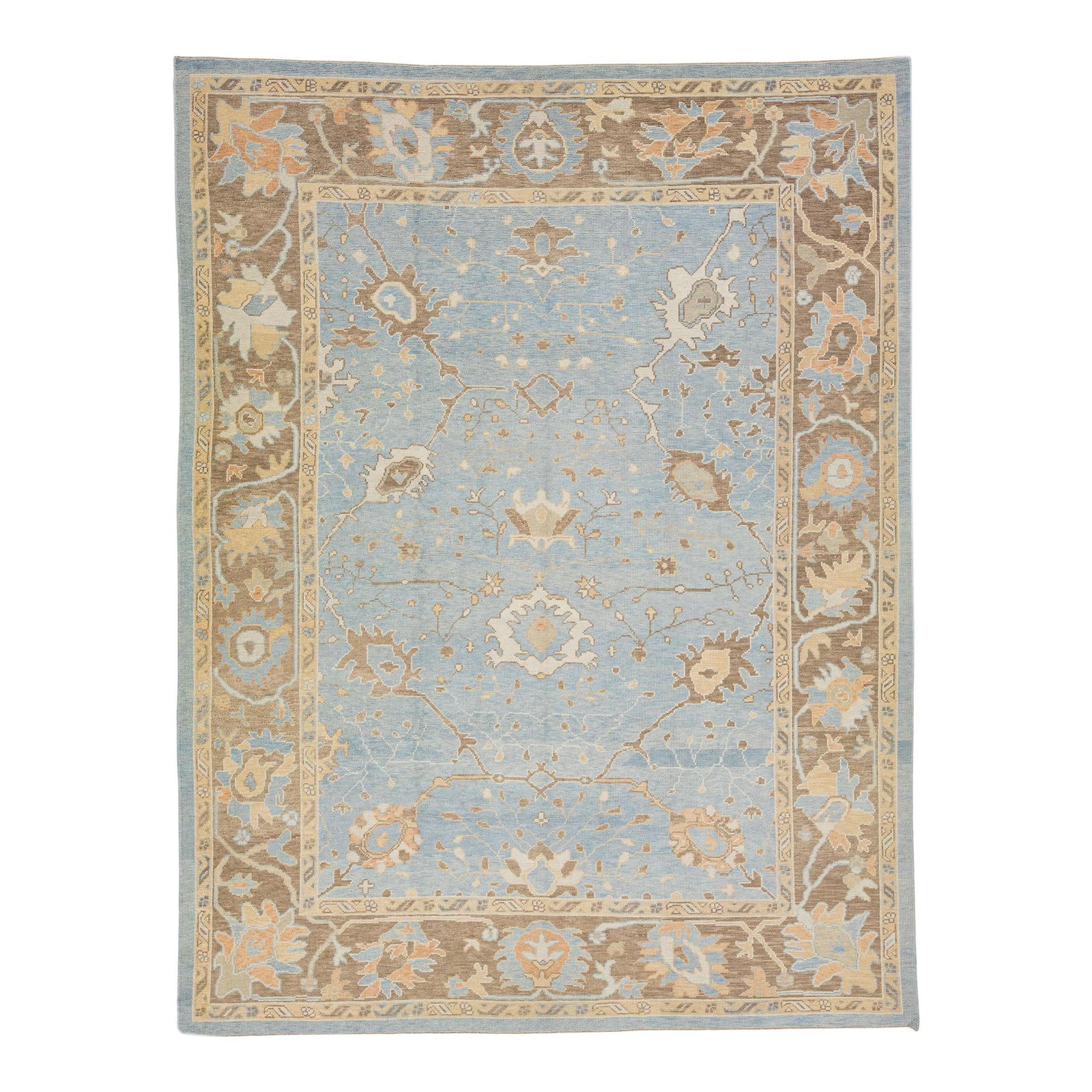 Blue Modern Turkish Oushak Handmade Wool Rug 9'1" x 12'1": Blue Modern Turkish Oushak Handmade Wool Rug 9'1" x 12'1" Enhance your living space with this stunning handmade wool rug from Oushak, Turkey. Featuring a modern floral pattern in soft shades of beige 