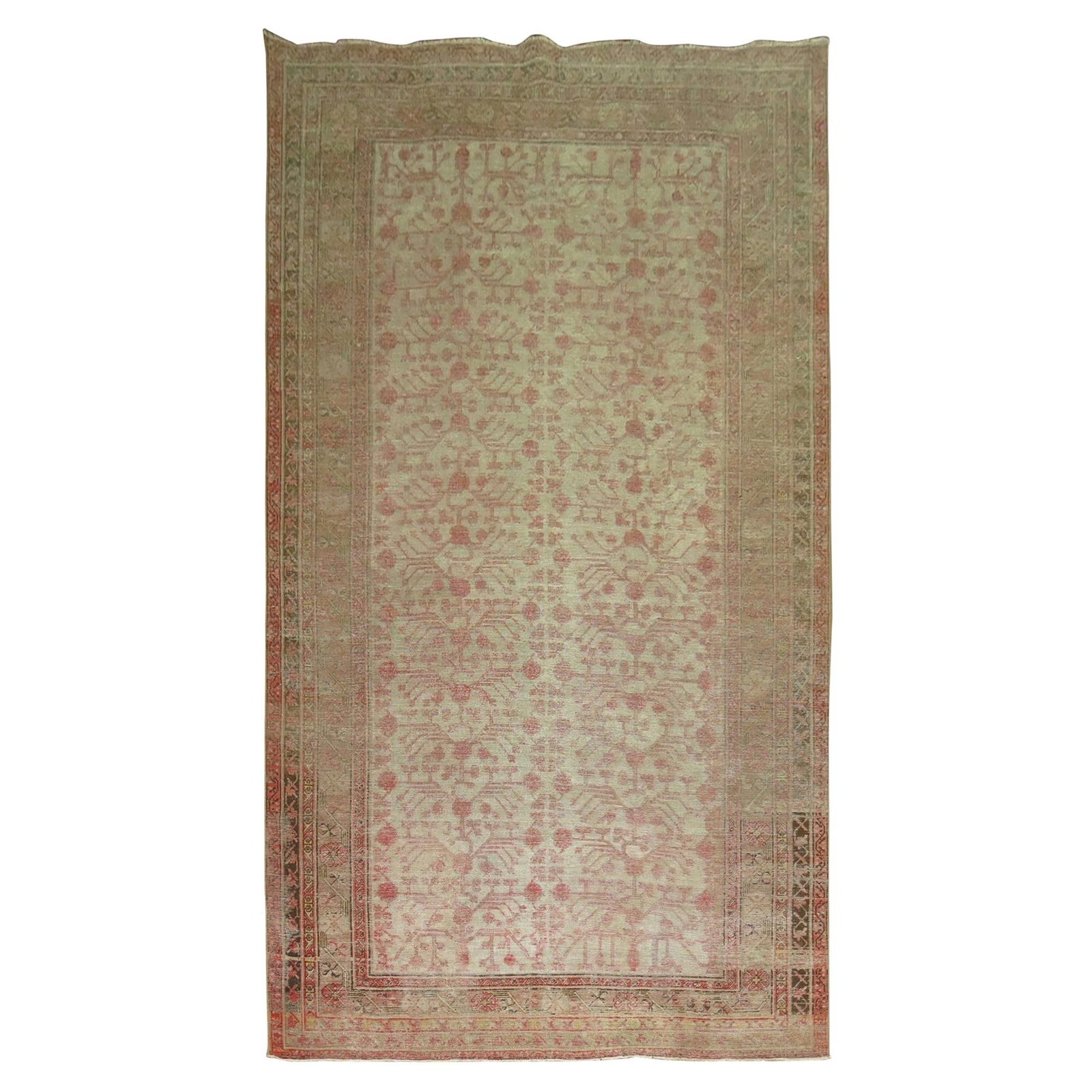 Late 19th Century Khotan Wool Hand Knotted Pomegranate Rug: Late 19th Century Khotan Wool Hand Knotted Pomegranate Rug This large, late 19th-century Khotan rug from East Turkestan features an all-over pomegranate design in faded red and brown hues on a gray gr