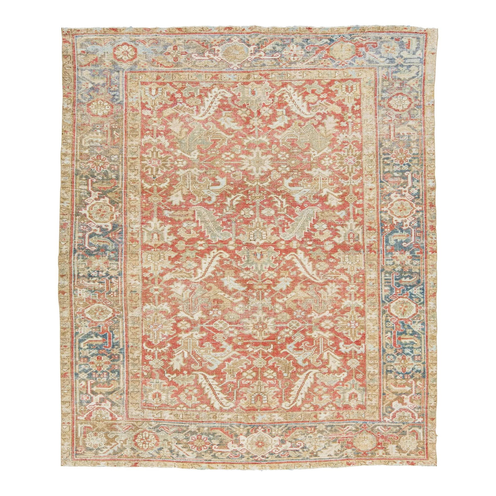 Antique Persian Heriz Wool Rug 7'1 x 8'4 Floral Rust Design: Antique Persian Heriz Wool Rug 7'1 x 8'4 Floral Rust Design This exquisite antique Persian Heriz rug showcases a stunning rust-colored field adorned with an intricate allover floral pattern in shades 