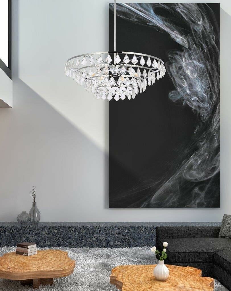 Living District Ella 6 Light Chrome Crystal Pendant 28 Inch: Living District Ella 6 Light Chrome Crystal Pendant 28 Inch This modern crystal chandelier features a polished chrome finish and high-quality glass or crystal construction. Designed for use over a liv
