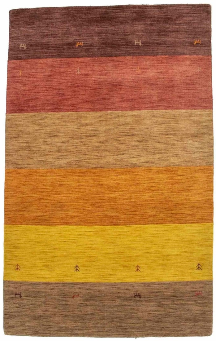 Modern Multicolored Wool Hand-Loomed Striped Area Rug 4'10 x 7'9: Modern Multicolored Wool Hand-Loomed Striped Area Rug 4'10 x 7'9 This contemporary hand-loomed area rug features a vibrant multicolor striped design in shades of burgundy red, medium brown, orange, an
