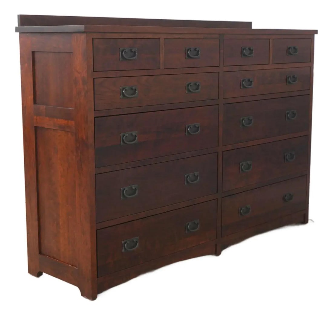 Arts and Crafts Cherry Dresser with 12 Drawers: Arts and Crafts Cherry Dresser with 12 Drawers This Arts & Crafts Mission Style dresser features a cherry wood construction with a gallery top and twelve dovetailed drawers. Built with cedar secondary