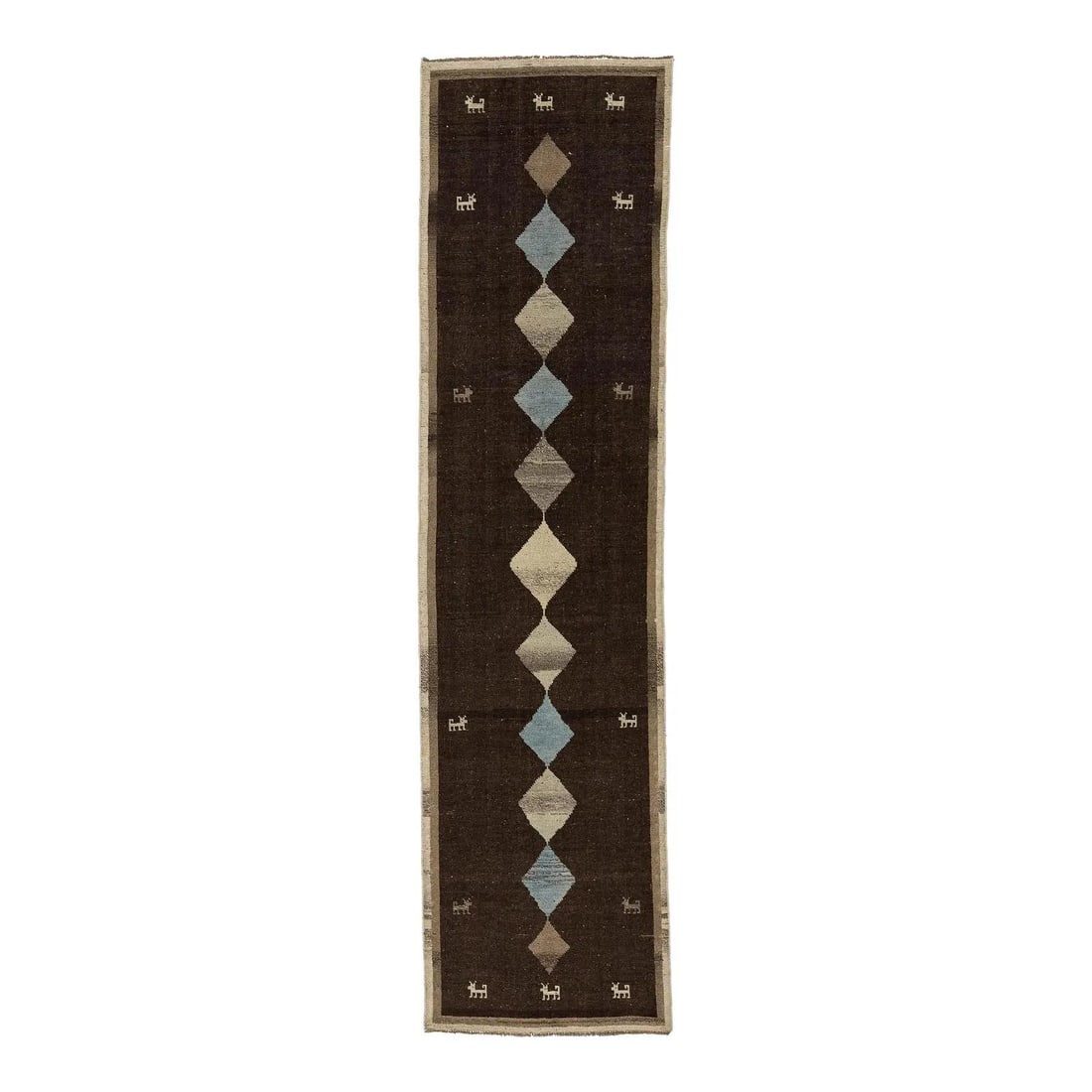 Gabbeh Wool Runner 2'8'' x 10'5'' Diamond Medallions: Gabbeh Wool Runner 2'8'' x 10'5'' Diamond Medallions This authentic hand-knotted Gabbeh runner is crafted from 100% high-quality, hand-spun wool. It features a deep espresso brown background with a st