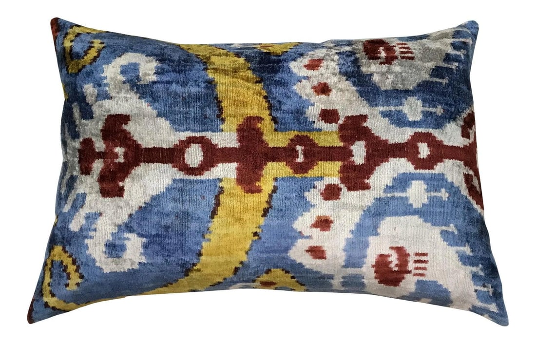 Blue Silk Ikat Velvet Decorative Pillow With Linen Backing 16x24 (1 of 3)