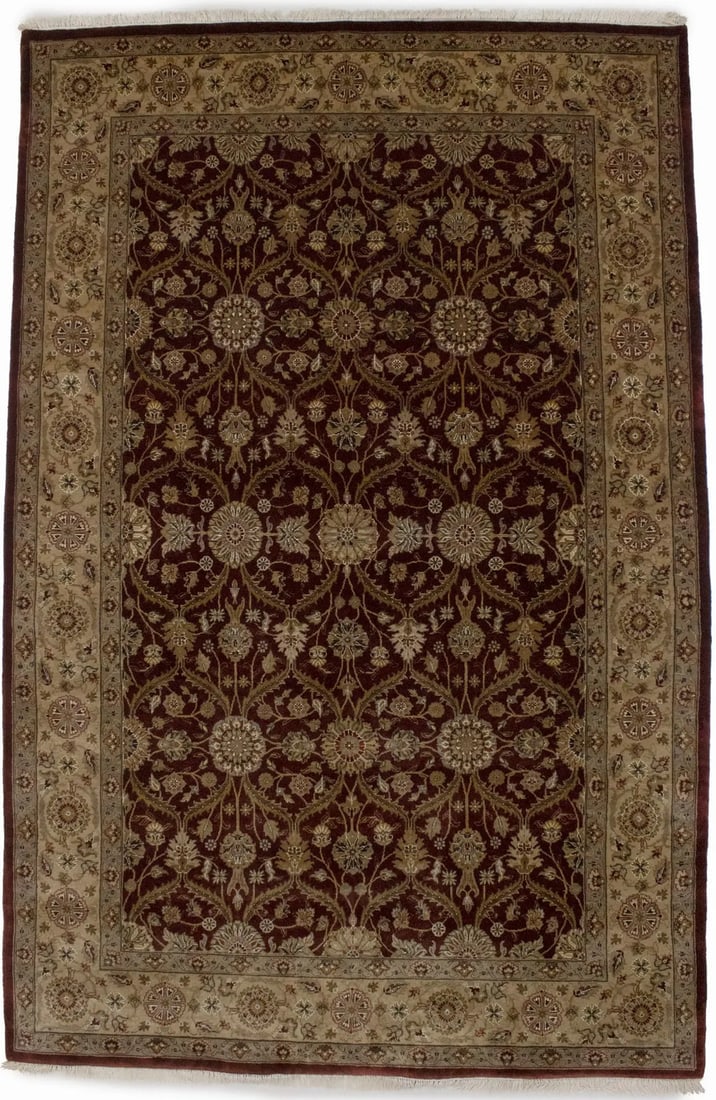 Handmade Wool and Silk Floral Area Rug 6'1 x 9'3 Traditional Design: Handmade Wool and Silk Floral Area Rug 6'1 x 9'3 Traditional Design This handmade area rug features a classic floral pattern in wine red, beige, tan, and charcoal tones. Expertly hand-knotted from fin