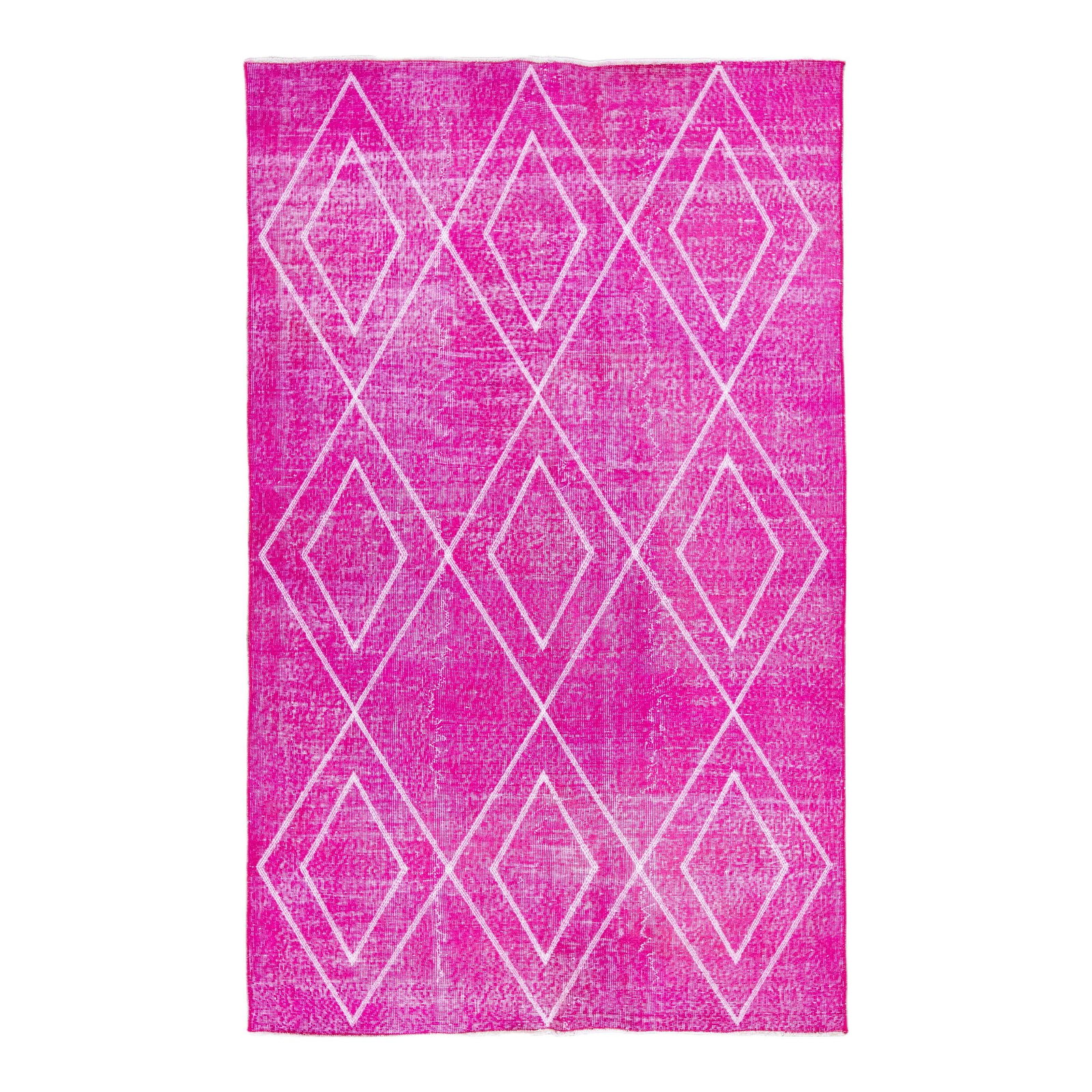 Pink Turkish Handmade Wool Rug with Tribal Pattern 4'10 x 8': Pink Turkish Handmade Wool Rug with Tribal Pattern 4'10 x 8' Enhance your space with this stunning Turkish handmade wool rug, featuring a pink distressed look. The modern design showcases white accent
