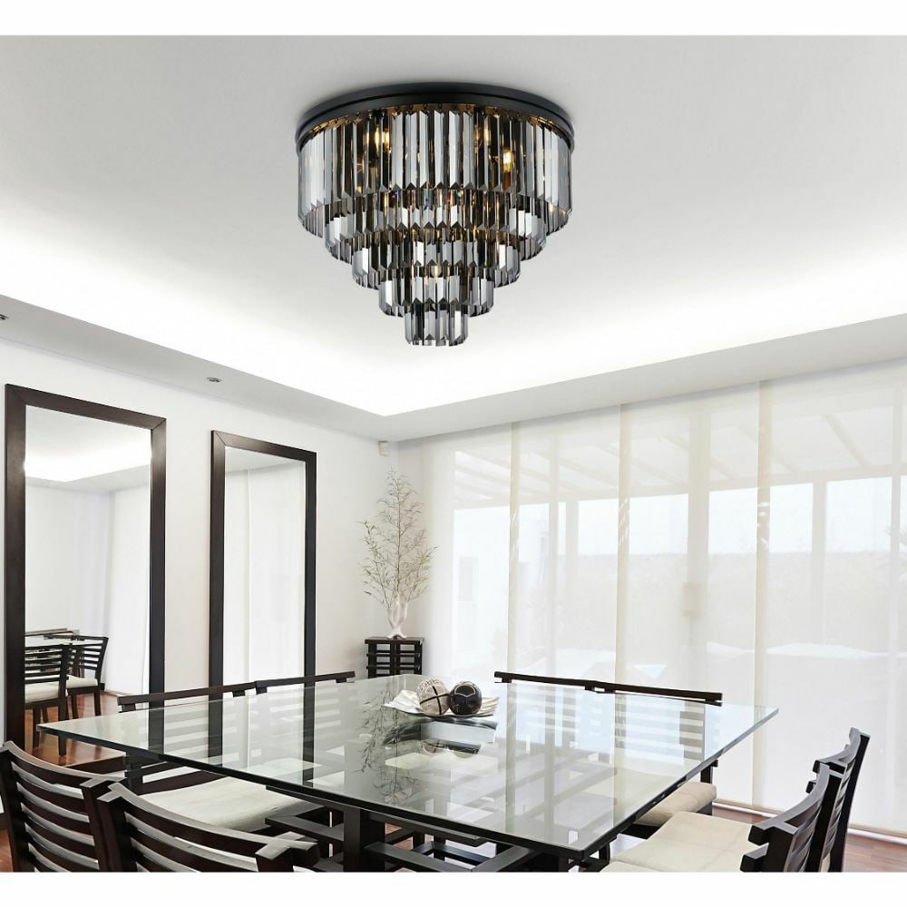 Sydney 17 Light Crystal Flush Mount Matte Black 32": Sydney 17 Light Crystal Flush Mount Matte Black 32" This contemporary flush mount crystal chandelier features a matte black finish with clear royal cut crystals and silver shade glass. It is a 17-ligh
