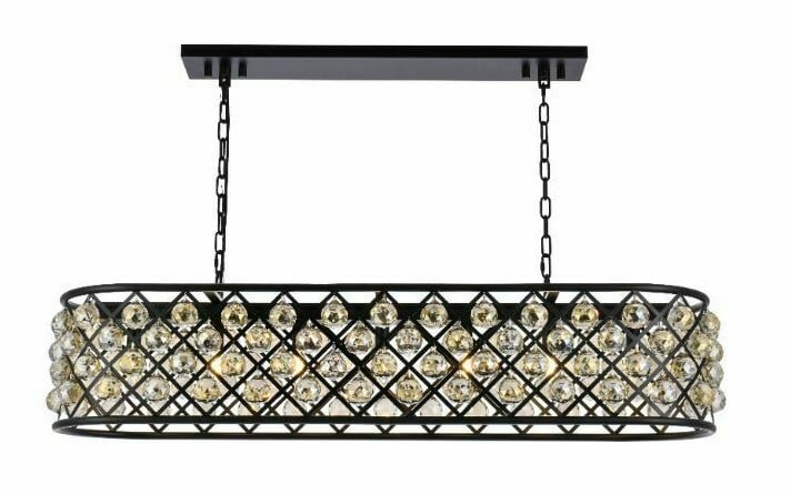 Madison 7-Light Matte Black Crystal Chandelier 50 Inch: Madison 7-Light Matte Black Crystal Chandelier 50 Inch This modern chandelier features a matte black frame adorned with faceted golden teak royal cut crystal balls, offering a sophisticated lighting s