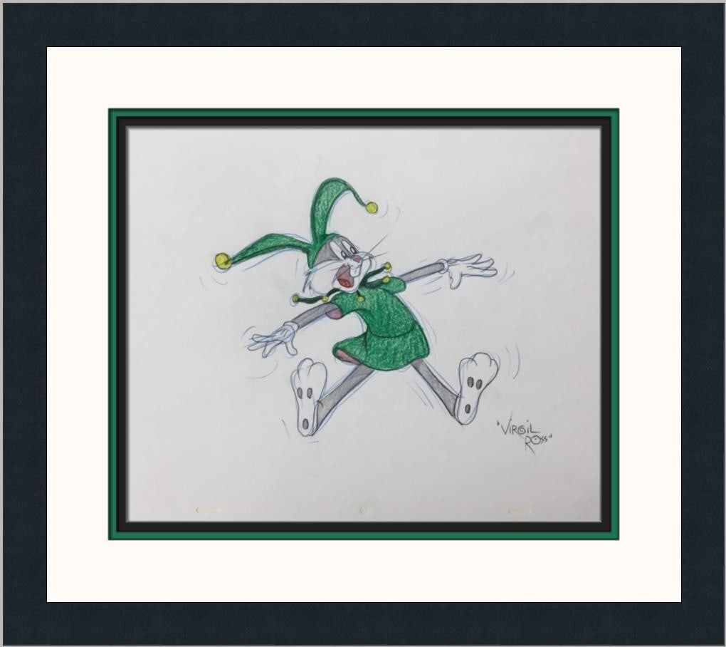 Bugs Bunny Jester Model Sheet Drawing Signed by Virgil Ross Framed: Bugs Bunny Jester Model Sheet Drawing Signed by Virgil Ross Framed This original model sheet drawing features Bugs Bunny as a court jester, skillfully illustrated by animator Virgil Ross. Rendered in 
