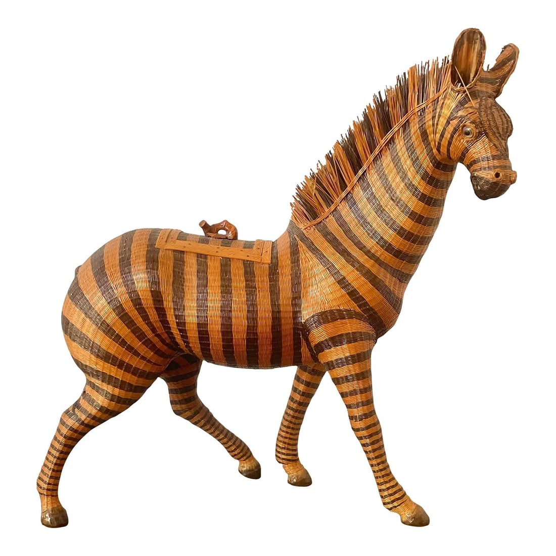 Mid Century Zebra Weave Lidded Rattan Basket: Mid Century Zebra Weave Lidded Rattan Basket This vintage zebra basket showcases the intricate "Shanghai weave" technique, emblematic of mid-century handcrafted artistry. Hand-woven from natural and s