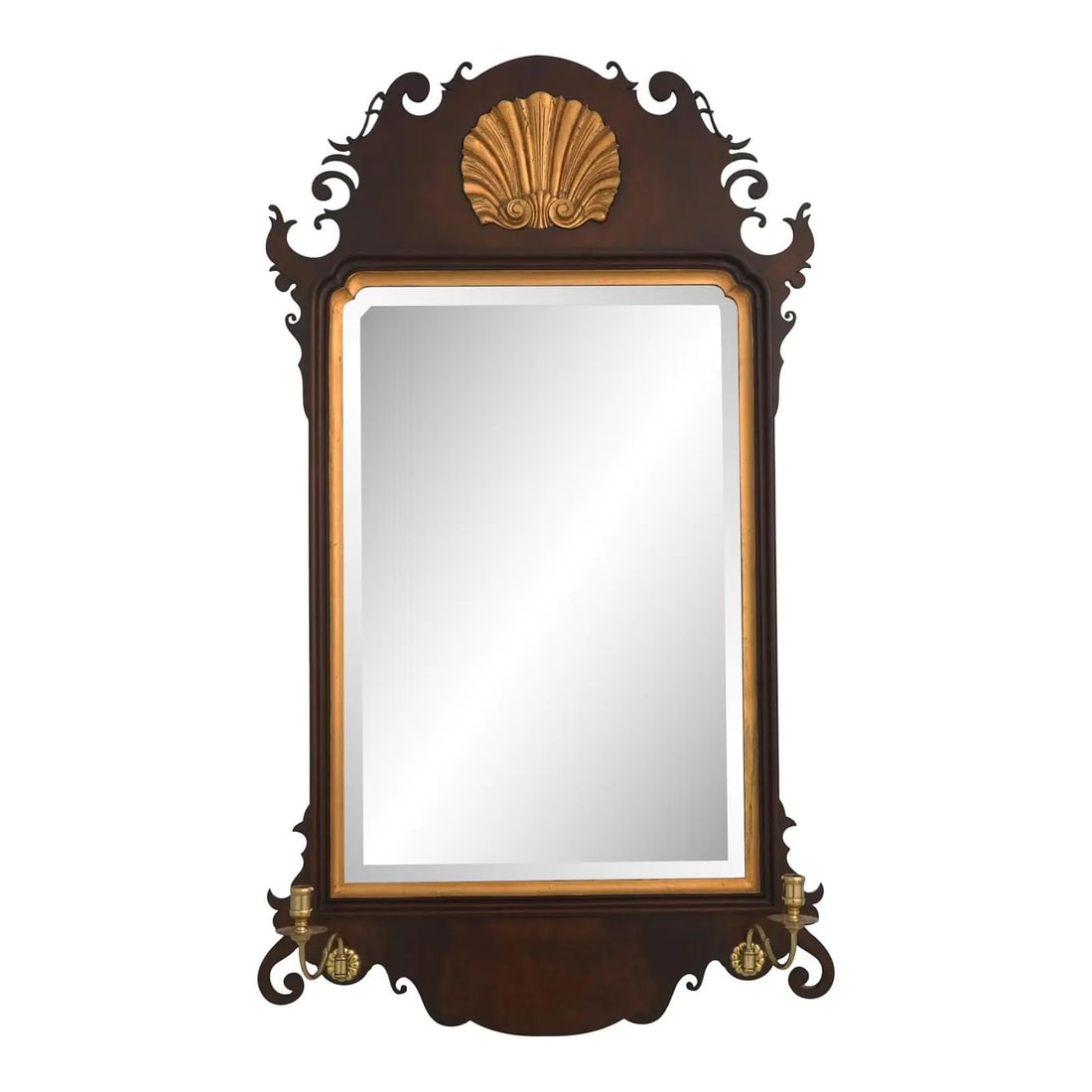 Mahogany Chippendale Style Wall Mirror with Brass Candle Sconces 41 Inch: Mahogany Chippendale Style Wall Mirror with Brass Candle Sconces 41 Inch This Chippendale style mahogany mirror features classic 18th-century design elements and gold gilt accents. It is crafted with 