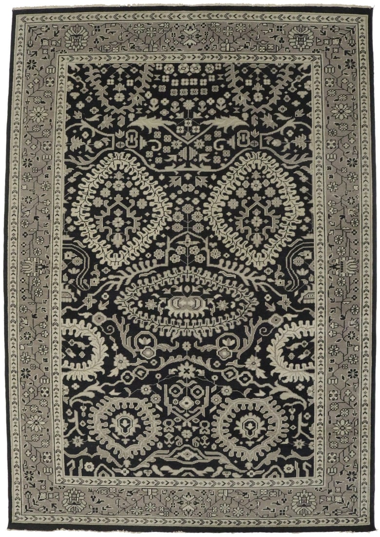 9x13 Hand-Knotted Wool Area Rug Charcoal Floral Transitional Vintage Style: 9x13 Hand-Knotted Wool Area Rug Charcoal Floral Transitional Vintage Style This hand-knotted area rug features a transitional floral and oriental pattern in muted tones of charcoal, cream, and beige. 