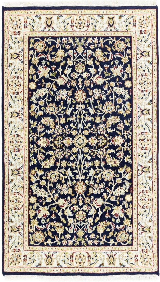 3'0 x 5'1 Hand-Knotted Wool Silk Floral Rug Dark Navy Modern Decor: 3'0 x 5'1 Hand-Knotted Wool Silk Floral Rug Dark Navy Modern Decor This small area rug features a dark navy background with a floral pattern in shades of cream, buff, red, green, brown, tan, and light