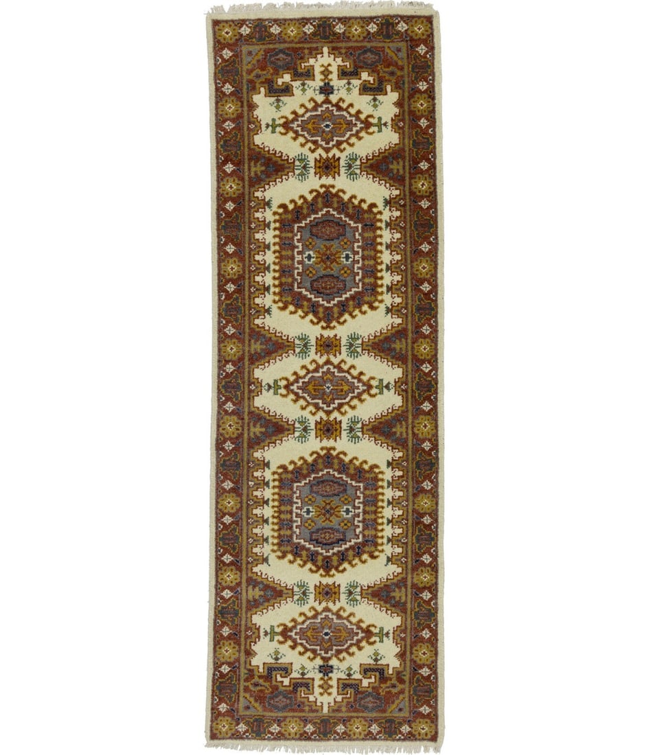Hand Knotted Wool Geometric Runner Rug 2'8 x 9'9: Hand Knotted Wool Geometric Runner Rug 2'8 x 9'9 This handmade Oriental runner rug features a geometric design in cream, rusty red, taupe, gold, and other complementary colors. Crafted from hand-knott