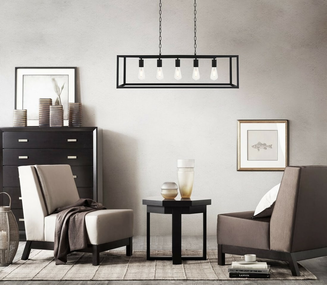 Black Farmhouse 5-Light Iron Chandelier Resolute 38.2 Inch: Black Farmhouse 5-Light Iron Chandelier Resolute 38.2 Inch This black farmhouse-style chandelier is designed for kitchen islands, dining rooms, and other indoor spaces. Featuring a modern rectangular 