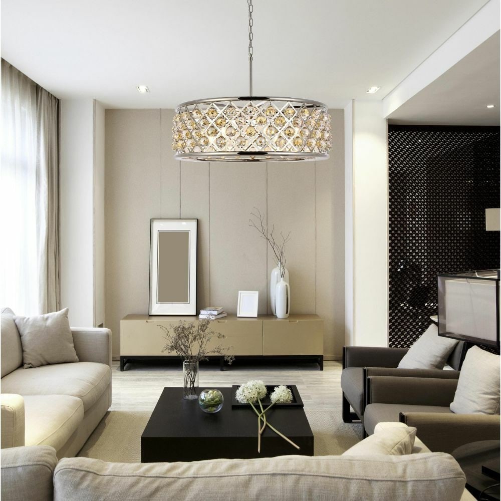 Madison 8-Light Polished Nickel Crystal Chandelier 32 Inch: Madison 8-Light Polished Nickel Crystal Chandelier 32 Inch This modern chandelier features a polished nickel frame adorned with golden teak royal cut crystal balls, creating a striking centerpiece for