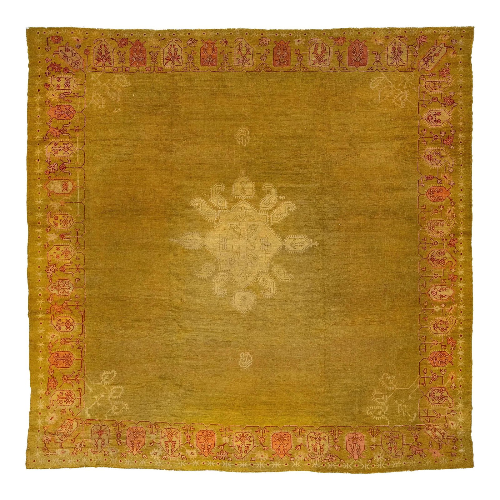 Antique Goldenrod Turkish Oushak Square Wool Rug 13'1" x 13'1": Antique Goldenrod Turkish Oushak Square Wool Rug 13'1" x 13'1" This exquisite Turkish Oushak rug is a unique hand-knotted piece made from soft wool, showcasing an elegant goldenrod color palette. It f