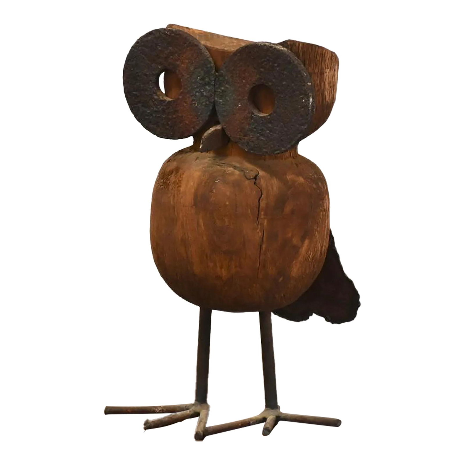 Abstract Brown Wood and Steel Owl Sculpture 10.75 Inches Tall: Abstract Brown Wood and Steel Owl Sculpture 10.75 Inches Tall This captivating owl sculpture showcases a unique blend of wood and steel, featuring acute abstract details that enhance its artistic appe