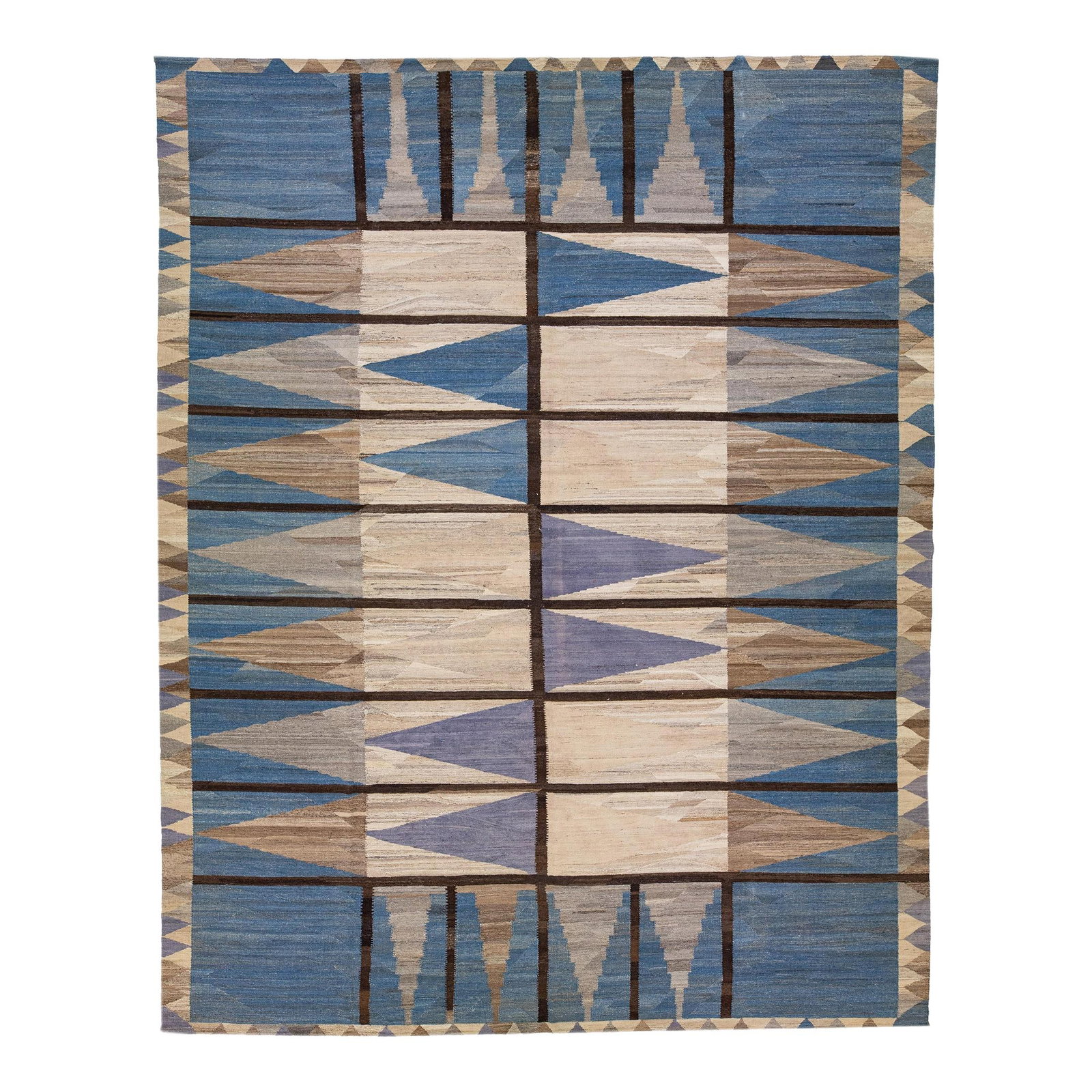 Flatweave Modern Deco Kilim Wool Rug 13'5 x 17'2 Brown Blue: Flatweave Modern Deco Kilim Wool Rug 13'5 x 17'2 Brown Blue Enhance your living space with this stunning flatweave modern Deco Kilim wool rug. Featuring a captivating brown field with elegant blue acc