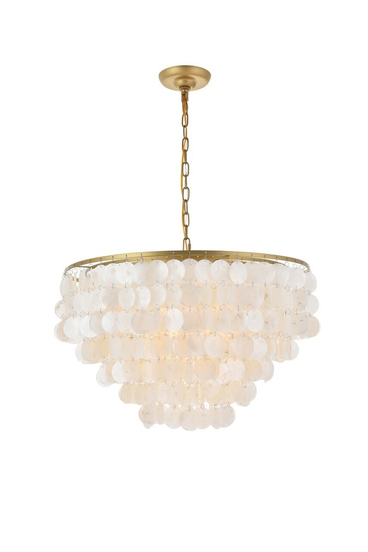 Living District Selene Brass Shell Pendant 6-Light Chandelier: Living District Selene Brass Shell Pendant 6-Light Chandelier This modern chandelier features a brass finish frame with an off white faux shell round shade, offering a stylish lighting solution for va