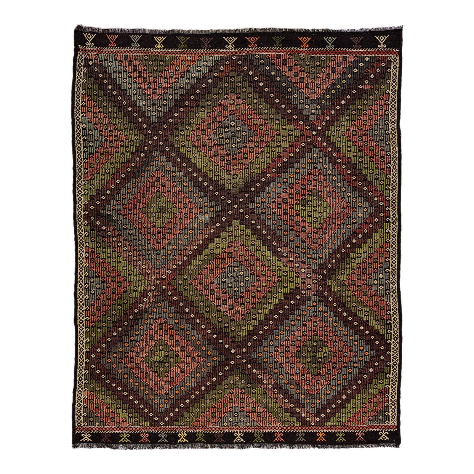 Handmade Modern Soumak Wool Rug 8'2 x 10'5 Geometric Design Brown: Handmade Modern Soumak Wool Rug 8'2 x 10'5 Geometric Design Brown Enhance your space with this stunning Modern Soumak hand-knotted wool rug, featuring a rich brown field complemented by terracotta, gr