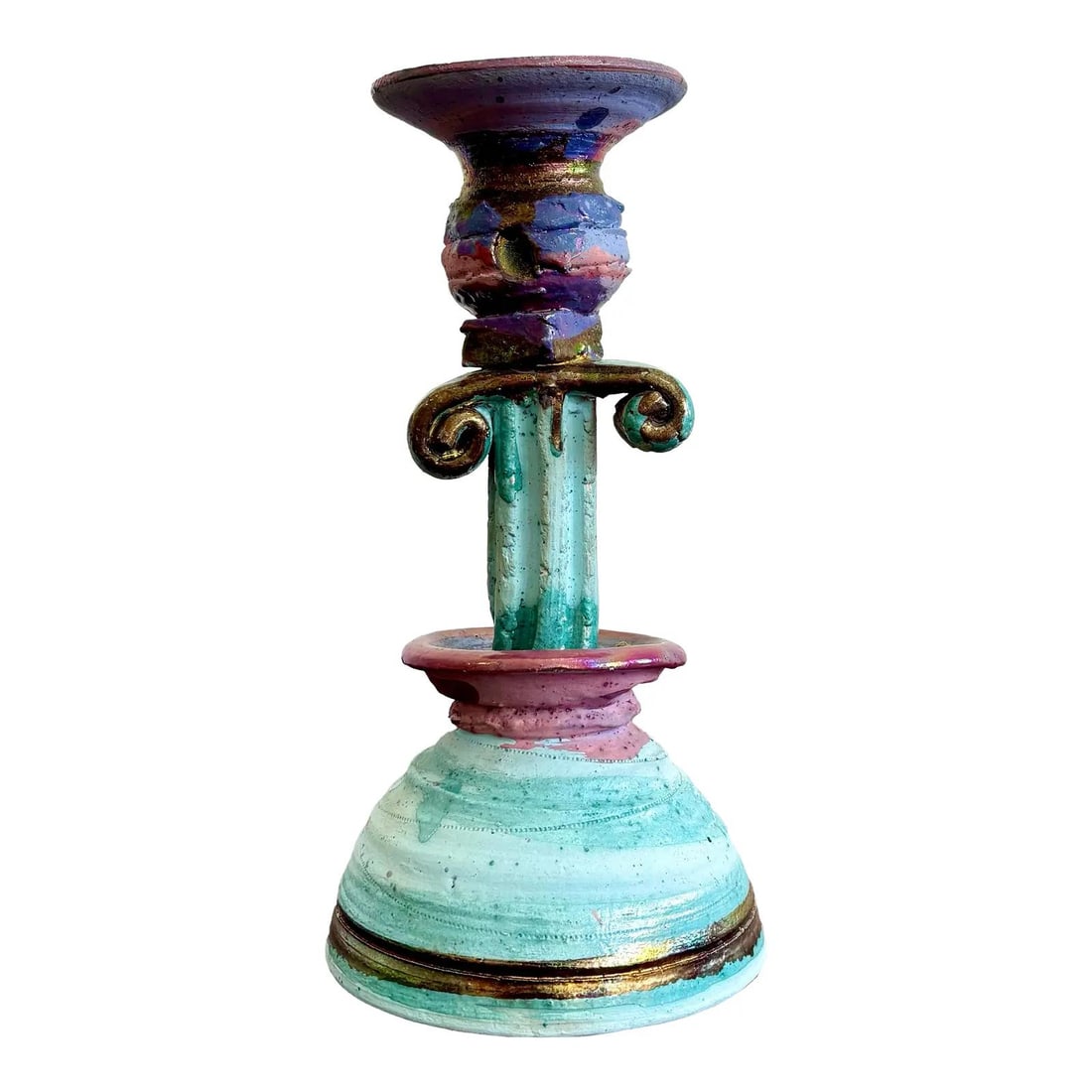 Artistic Vintage Boho Pottery Candlestick in Turquoise and Mauve: Artistic Vintage Boho Pottery Candlestick in Turquoise and Mauve This vintage Boho chic candlestick blends classical elegance with a contemporary artistic flair. Adorned with swirls of turquoise, mauv