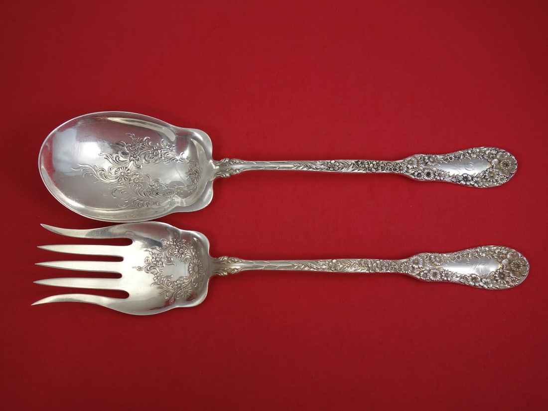 Dominick & Haff Number 10 Sterling Silver Salad Serving Set 2pc 11 1/4": Dominick & Haff Number 10 Sterling Silver Salad Serving Set 2pc 11 1/4" Presenting a stunning Sterling Silver Salad Serving Set in the elegant Number 10 pattern by Dominick & Haff, dating back to the 
