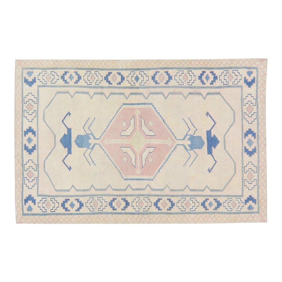 Anatolian Wool Medallion Rug Hand Knotted 3'9" x 6' Cream: Anatolian Wool Medallion Rug Hand Knotted 3'9" x 6' Cream This vintage Turkish Oushak rug is hand knotted and features an Anatolian medallion design with a silky soft texture. The rug displays a cream