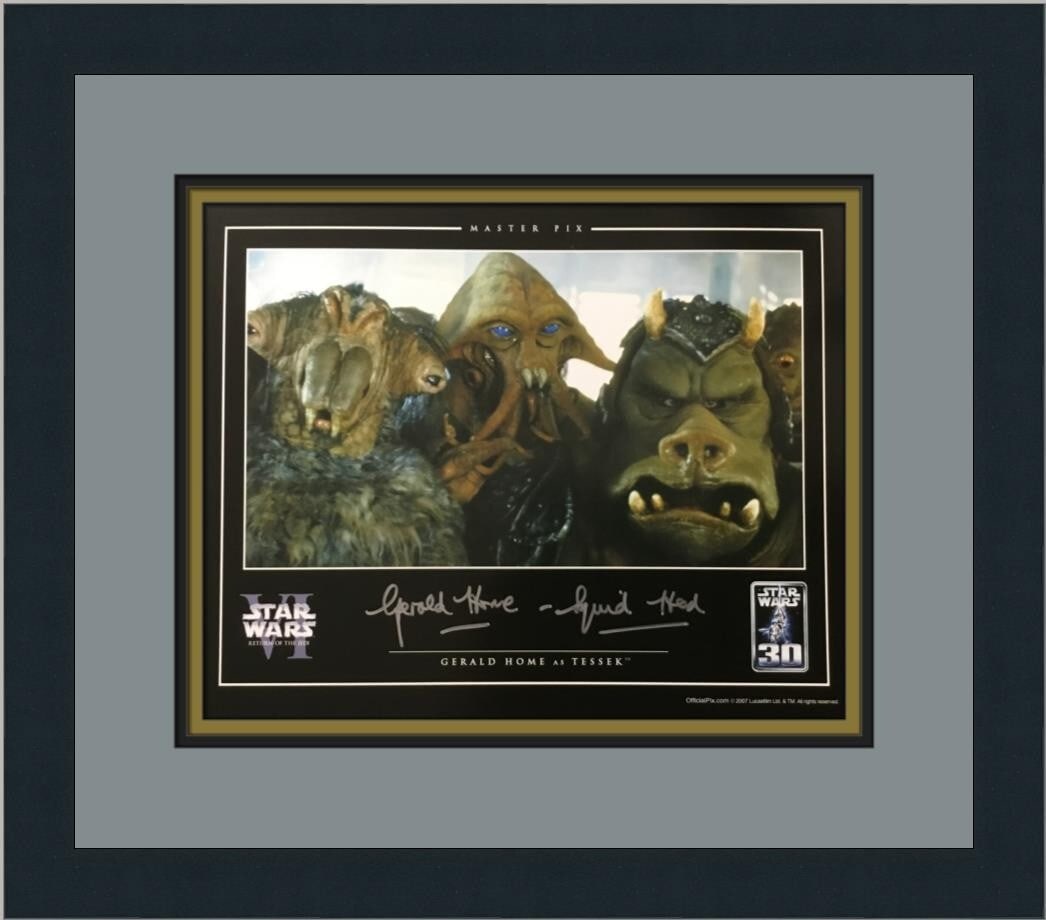Gerald Home Signed Tessek Star Wars VI Custom Framed 8x10 Photo: Gerald Home Signed Tessek Star Wars VI Custom Framed 8x10 Photo This custom framed piece features a signed cardstock photograph of Tessek from Star Wars VI: Return of the Jedi, portrayed by Gerald Hom