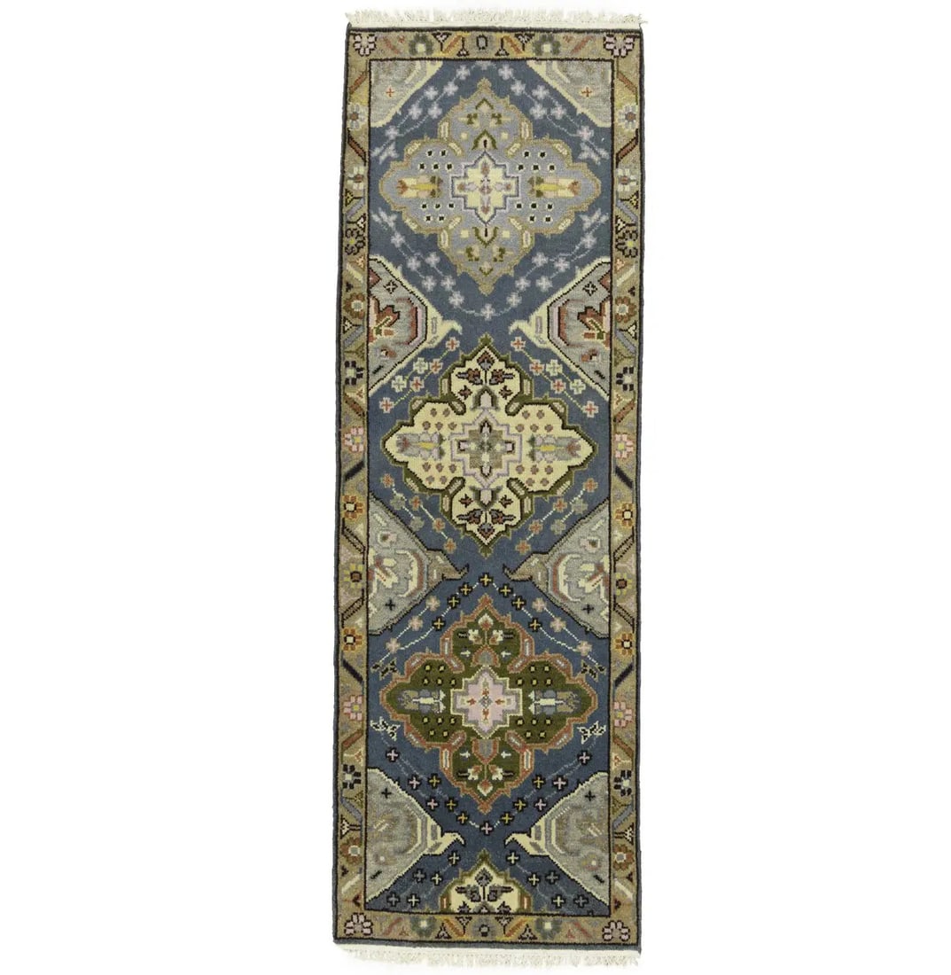 Hand Knotted Wool Heriz Serapi Floral Runner 2'7 x 7'10: Hand Knotted Wool Heriz Serapi Floral Runner 2'7 x 7'10 Enhance your space with this exquisite Handmade Heriz Serapi Oriental Runner Rug, featuring a beautiful floral design. Measuring 2'7" x 7'10", t