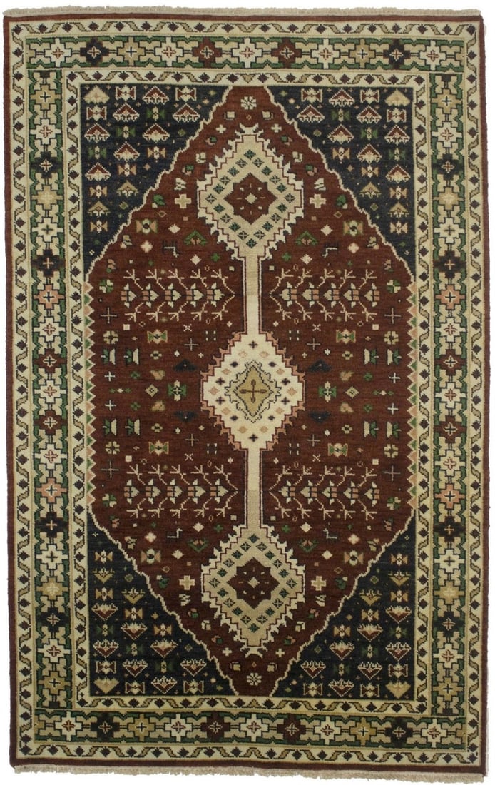 Wool Tribal Geometric Hand-Knotted Area Rug 4'11 x 7'9 Modern Farmhouse Style: Wool Tribal Geometric Hand-Knotted Area Rug 4'11 x 7'9 Modern Farmhouse Style This hand-knotted area rug features a tribal-inspired geometric pattern in shades of rusty brown, cream, beige, green, and