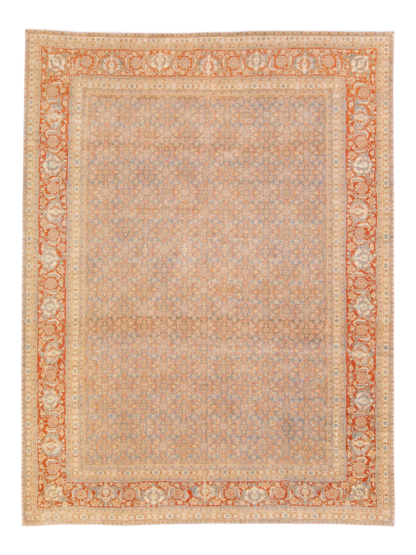 Antique Tabriz Hand-Knotted Wool Rug Blue Rust 10' x 13'1: Antique Tabriz Hand-Knotted Wool Rug Blue Rust 10' x 13'1 This exquisite antique Tabriz rug is hand-knotted from premium wool, featuring a captivating blue field complemented by a rust-colored frame. 