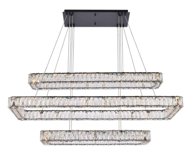 Black 3 Tier LED Crystal Chandelier Monroe 50 Inch Height Adjustable: Black 3 Tier LED Crystal Chandelier Monroe 50 Inch Height Adjustable This modern three-tier chandelier features a striking black finish and royal cut clear crystals, making it an elegant focal point f