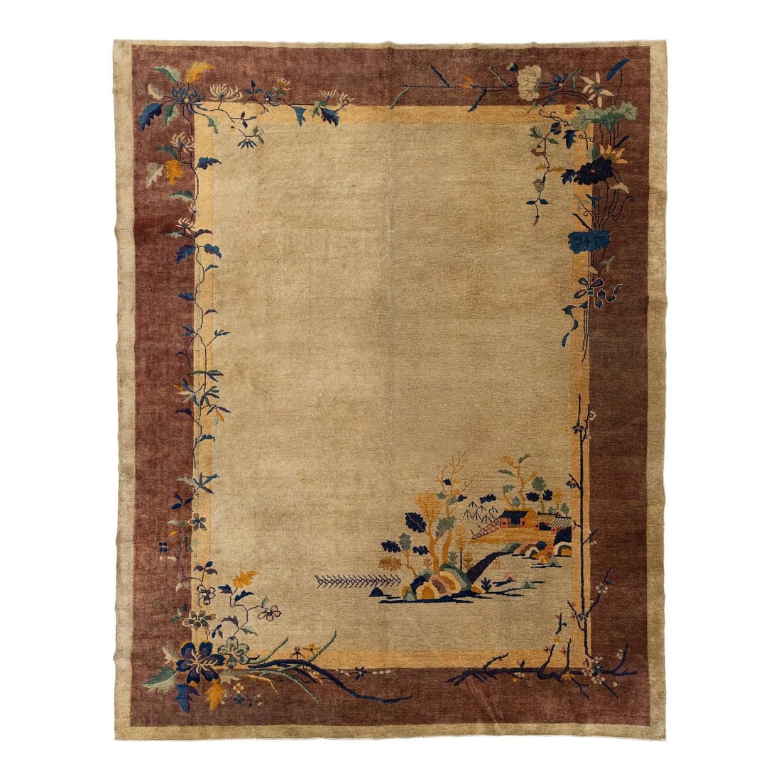 9' x 11'5" Chinese Art Deco Wool Rug with Pagoda Landscape: 9' x 11'5" Chinese Art Deco Wool Rug with Pagoda Landscape Antique Chinese Art Deco rug from the 1920s, hand-knotted from wool and featuring an open field design with a tranquil landscape of a pagoda 