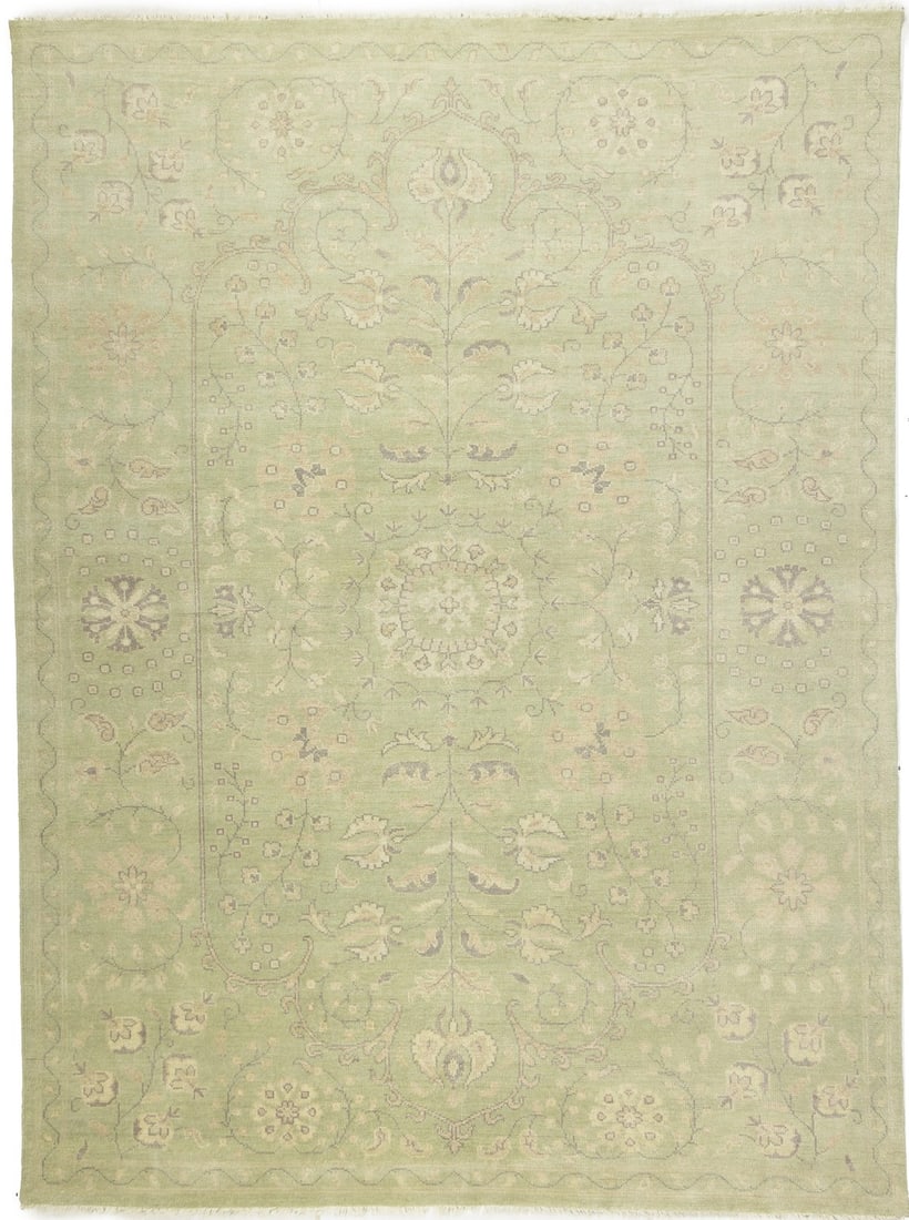 Hand-Knotted 9x12 ft Floral Oriental Rug in Muted Green: Hand-Knotted 9x12 ft Floral Oriental Rug in Muted Green Enhance your living space with this stunning 9x12 ft transitional rug, featuring a muted floral pattern in shades of light green, cream, beige, 