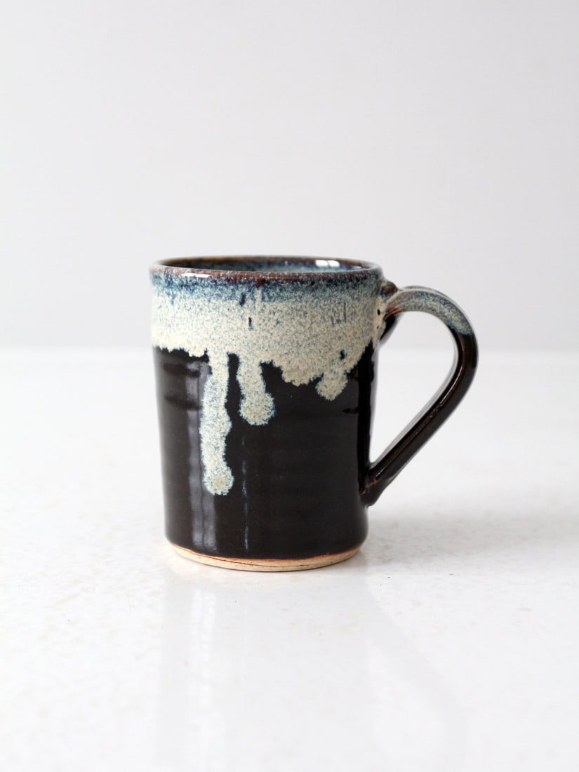 Signed Numbered Studio Pottery Mug Black Blue Drip (1 of 10)