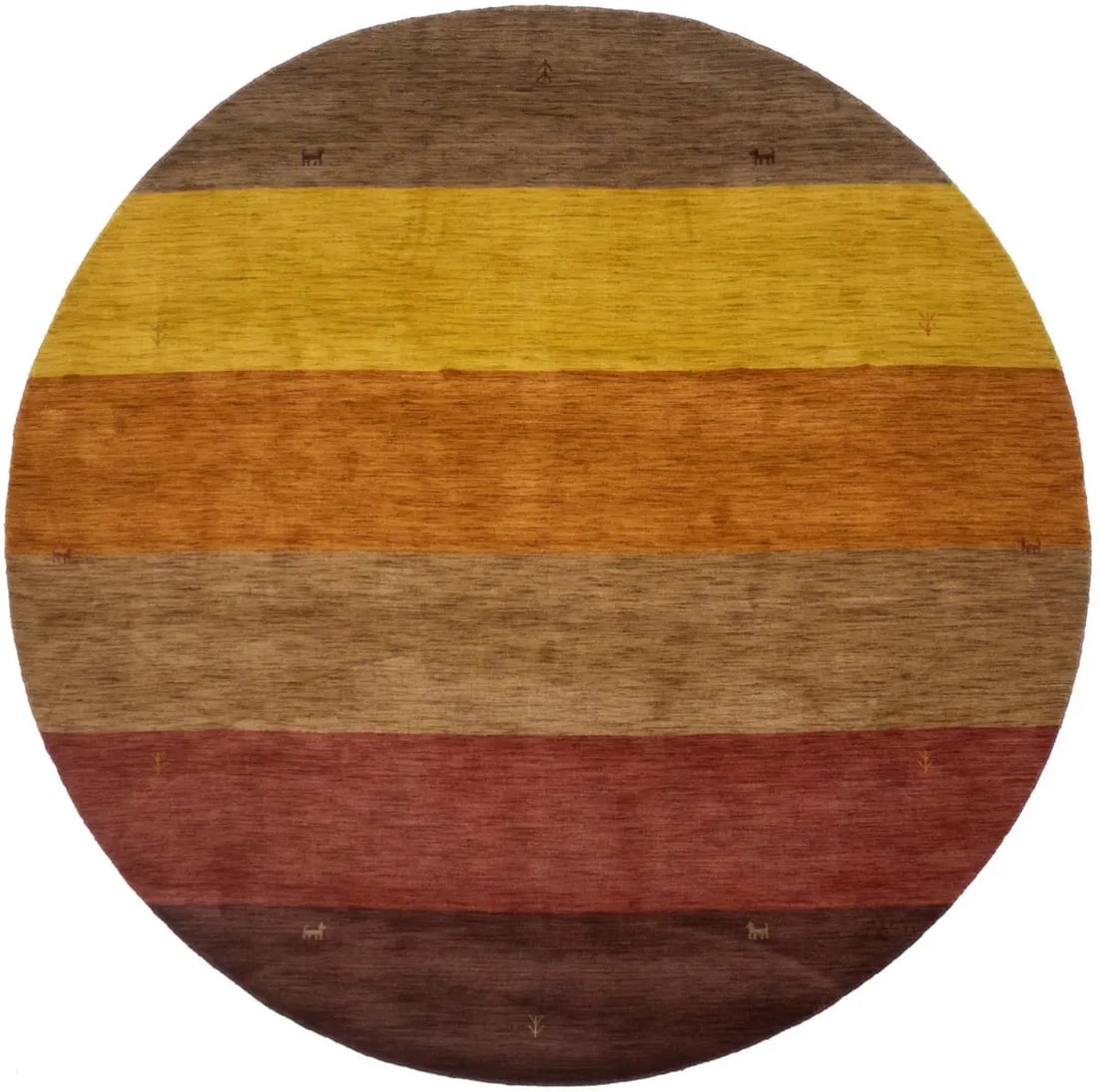 Modern Round Wool Area Rug Multicolored Striped Hand-Loomed 6x6 ft: Modern Round Wool Area Rug Multicolored Striped Hand-Loomed 6x6 ft This round area rug features a modern striped design in multicolored shades including burgundy red, medium brown, orange, and gold. H