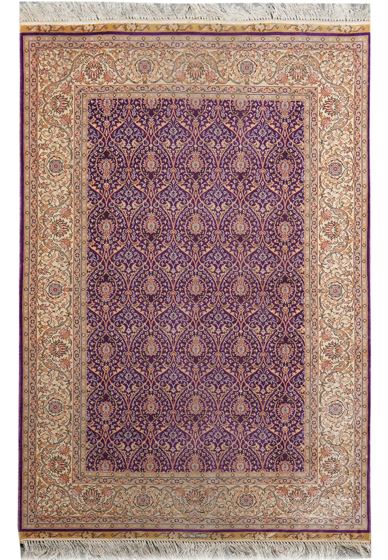 3.4 x 5 Hereke Pattern Purple Bamboo Silk Hand-Knotted Rug: 3.4 x 5 Hereke Pattern Purple Bamboo Silk Hand-Knotted Rug Free continental US Shipping This 3.4 x 5 Hereke pattern rug is hand-knotted from bamboo silk and features a soft, luminous pile with intrica