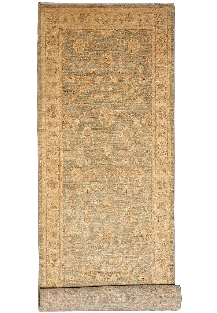 4 x 17.8 Washed Out Green Gold Hand Knotted Wool Runner: 4 x 17.8 Washed Out Green Gold Hand Knotted Wool Runner Free continental US Shipping This wide handmade runner features a washed-out green and gold color palette with delicate floral and ornamental mo