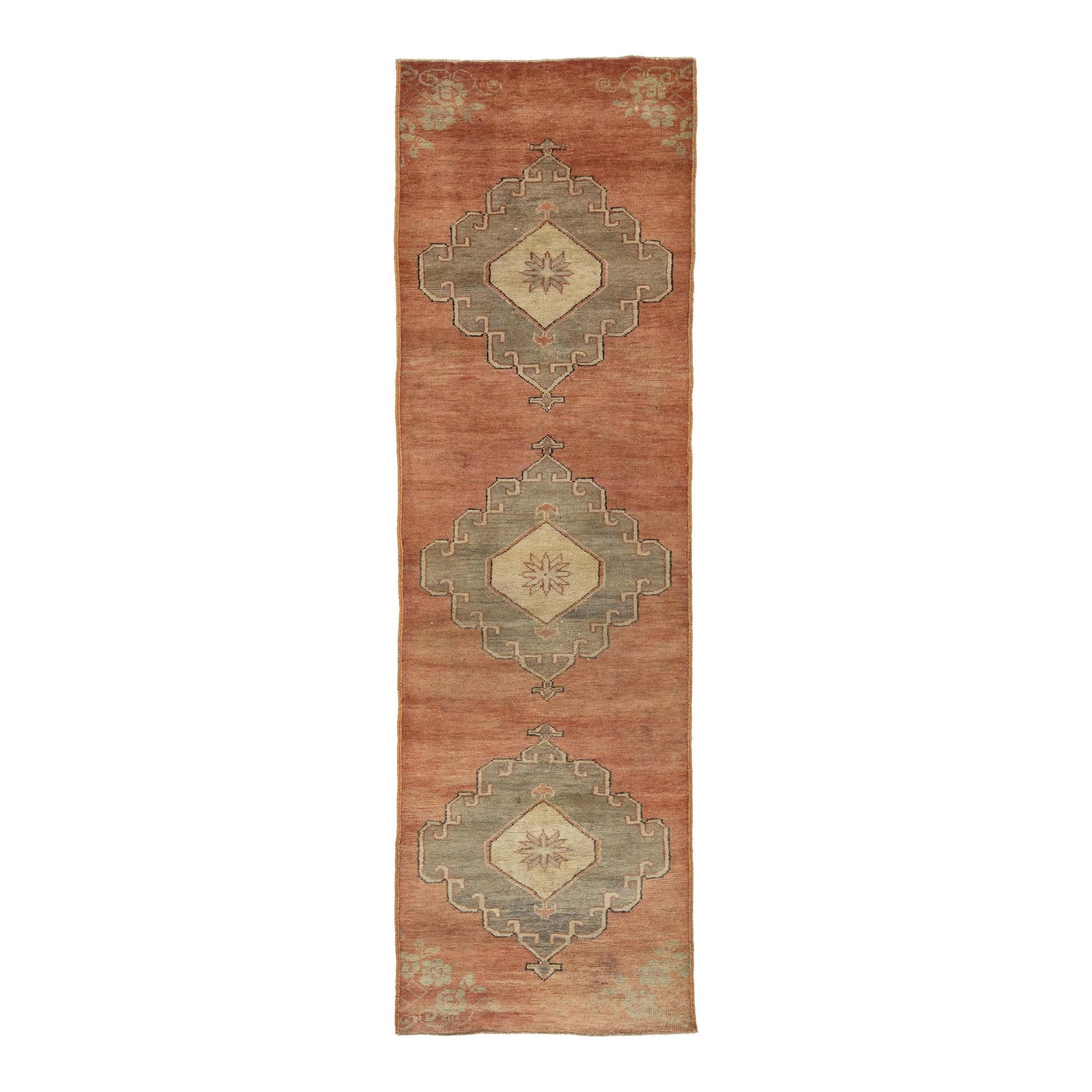 Vintage Turkish Wool Runner Terracotta Tribal Geometric Design 2'7 x 8'4: Vintage Turkish Wool Runner Terracotta Tribal Geometric Design 2'7 x 8'4 This stunning vintage Turkish runner showcases a rich terracotta field adorned with a captivating tribal geometric design. The 