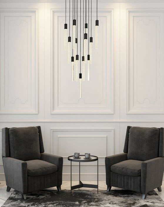 Weston Black Crystal 13-Light Pendant Chandelier: Weston Black Crystal 13-Light Pendant Chandelier This modern crystal chandelier pendant light fixture features a black finish and clear seeded crystal bar lights, offering a sophisticated look for foy