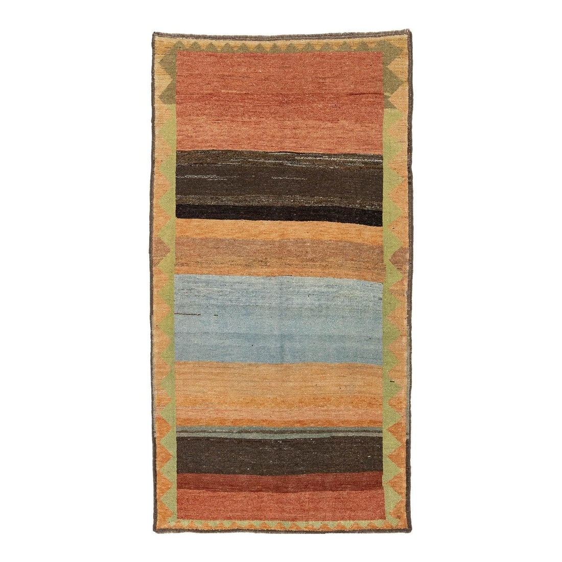 Hand Knotted Wool Gabbeh Rug 3'6 x 6'7 Multicolor Stripes: Hand Knotted Wool Gabbeh Rug 3'6 x 6'7 Multicolor Stripes This modern Gabbeh area rug features a minimalist striped design that merges nomadic tradition with contemporary aesthetics. Hand-knotted from