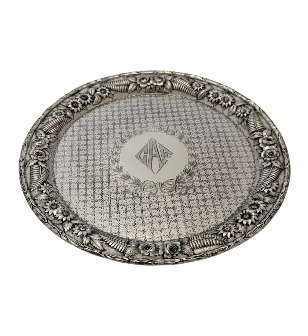 Schofield Sterling Silver Floral Repousse Tray 12 Inch Monogram (1 of 3)
