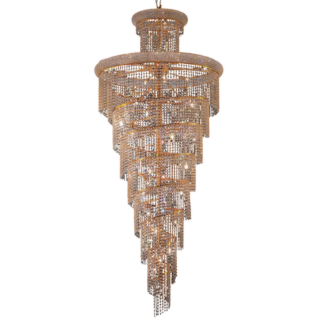 SPIRAL 32 Light Gold Crystal Chandelier 36 x 86: SPIRAL 32 Light Gold Crystal Chandelier 36 x 86 Large modern spiral crystal chandelier with a gold finish, designed for indoor use in foyers, entryways, dining rooms, living rooms, bedrooms, hallways,
