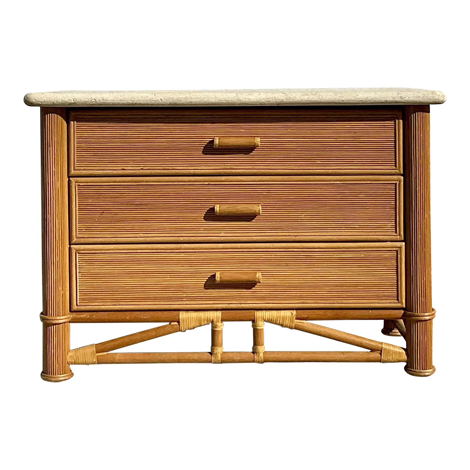 Coastal Vintage Pencil Reed and Stone Chest of Drawers: Coastal Vintage Pencil Reed and Stone Chest of Drawers Enhance your living space with this Vintage Coastal Pencil Reed and Tessellated Stone Chest of Drawers. This exquisite piece combines natural tex
