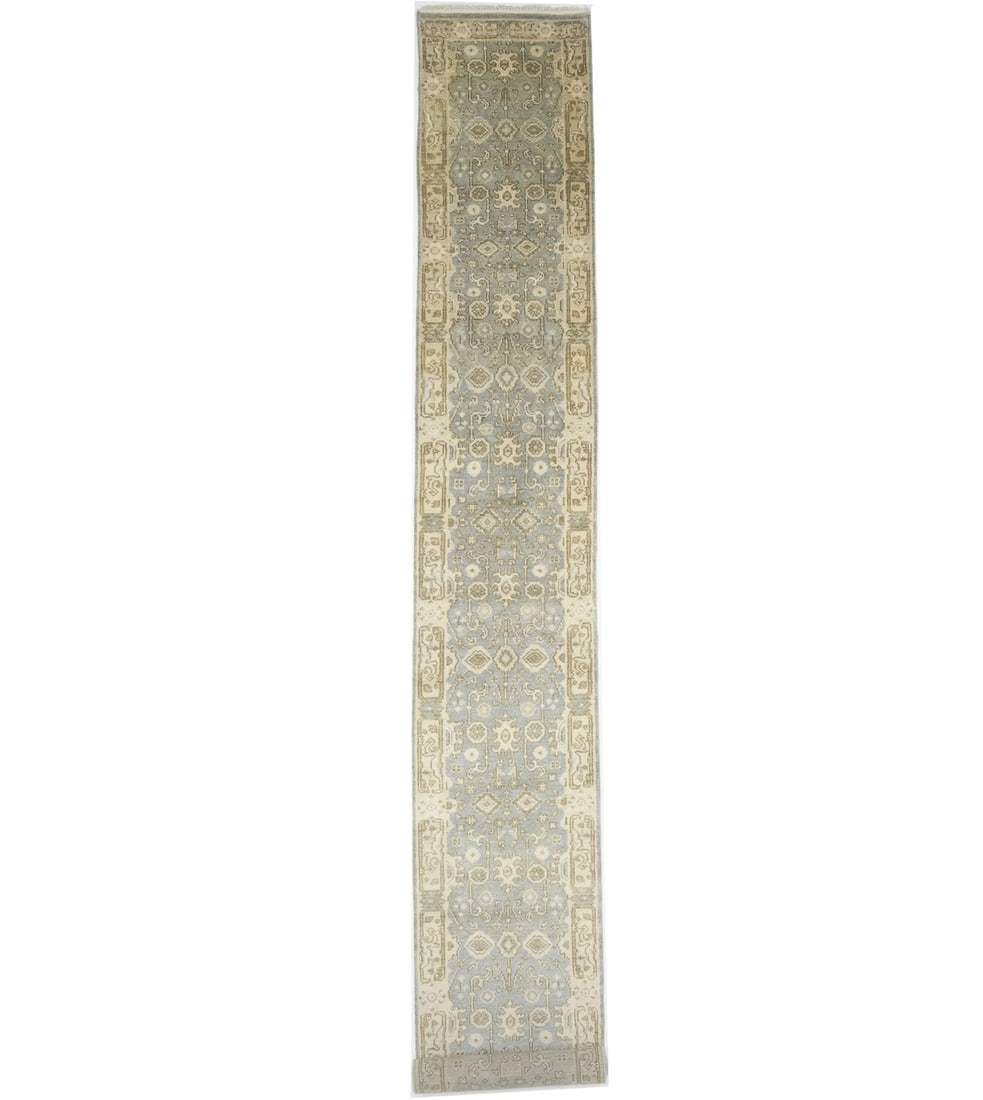Hand Knotted Wool Oushak Floral Runner 2'7 x 19'6: Hand Knotted Wool Oushak Floral Runner 2'7 x 19'6 This oversized Oriental runner rug features a muted floral Oushak design, hand-knotted from wool. The rug showcases shades of gray, cream, brown, and 