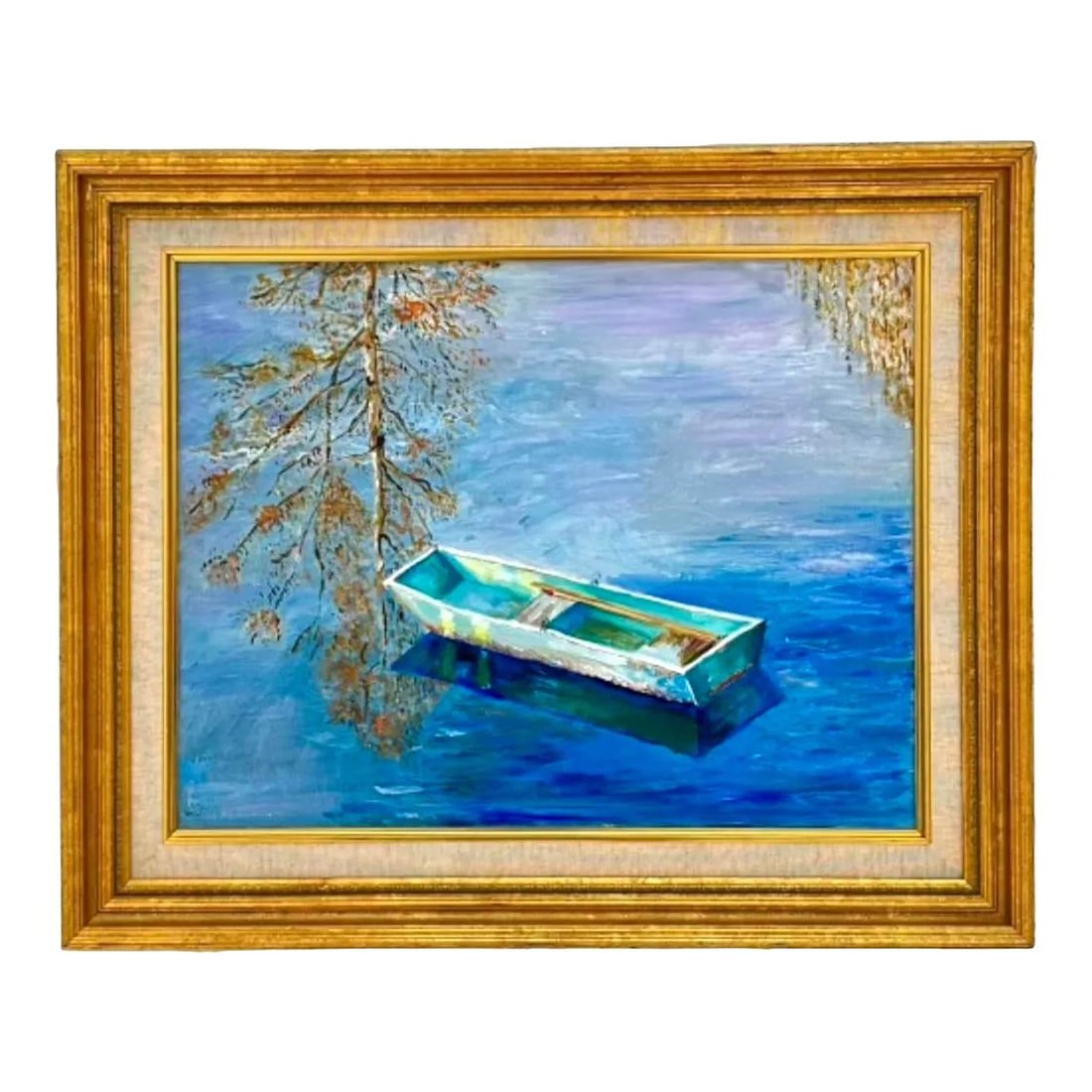 Mid 20th Century Coastal Original Oil Painting of Rowboat Framed: Mid 20th Century Coastal Original Oil Painting of Rowboat Framed Embrace the serene beauty of coastal life with this mid-20th century vintage original oil painting. This captivating artwork features a