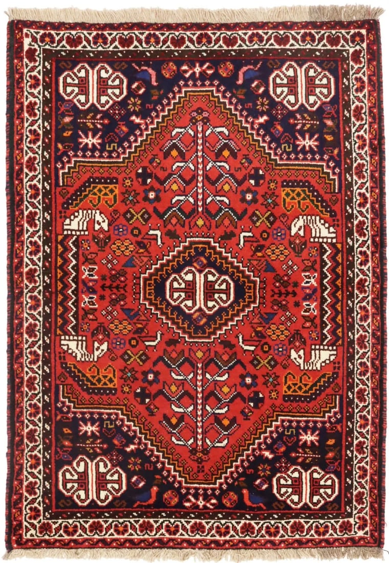 Hand-Knotted Wool Tribal Horse Motif Rug 3'5 x 4'10 Modern Area Carpet: Hand-Knotted Wool Tribal Horse Motif Rug 3'5 x 4'10 Modern Area Carpet This hand-knotted wool area rug features a pictorial equestrian and geometric tribal design in vibrant shades of orange-red, crea